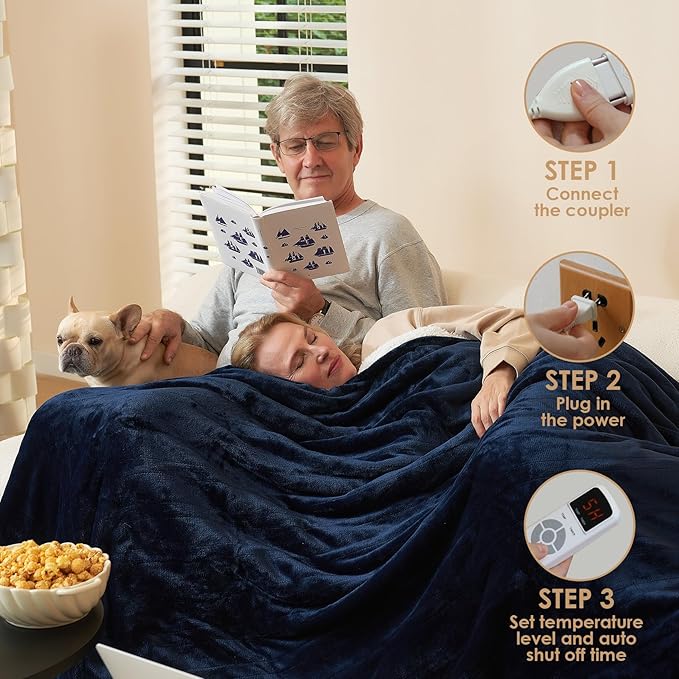 EHEYCIGA Heated Blanket Electric Blanket Throw - Heating Blanket with 5 Heating Levels & 4 Hours Auto Off, Soft Cozy Sherpa Washable Blanket with Fast Heating, 50 x 60 Inches, Navy Blue
