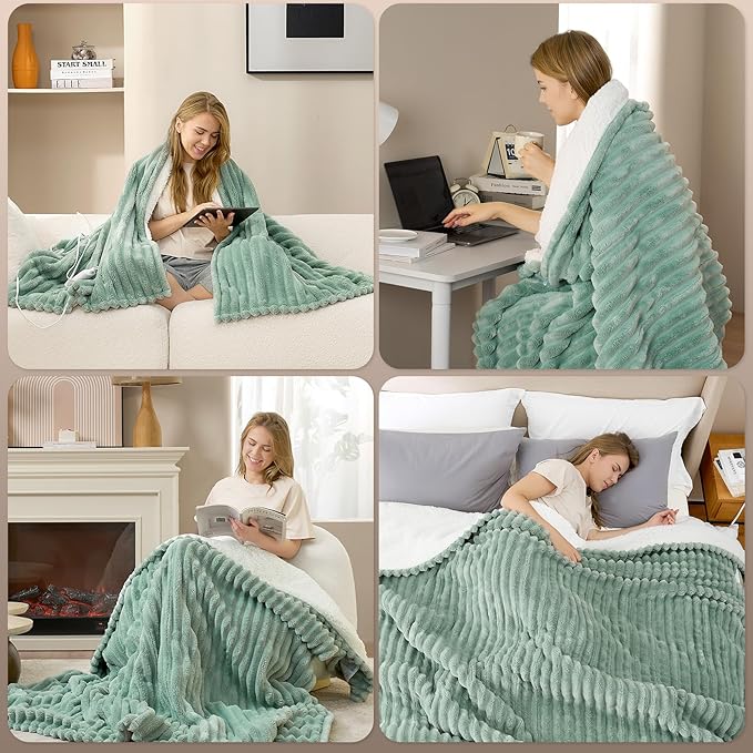 Hansleep Heated Blanket Electric Blanket Throw, Heating Blanket with 9 Heating Levels and 10-Hour Timer Auto Shut Off, Washable Soft Warm Winter Blanket, 50 x 60 Inches, Green