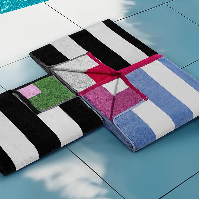 Juicy Couture Blue/White Hot Pink/White Reversible Cabana 36" x 72" 100% Cotton Oversized Beach Towel - Soft, Absorbent, and Quick-Drying, Perfect for Beach, Pool, or Travel