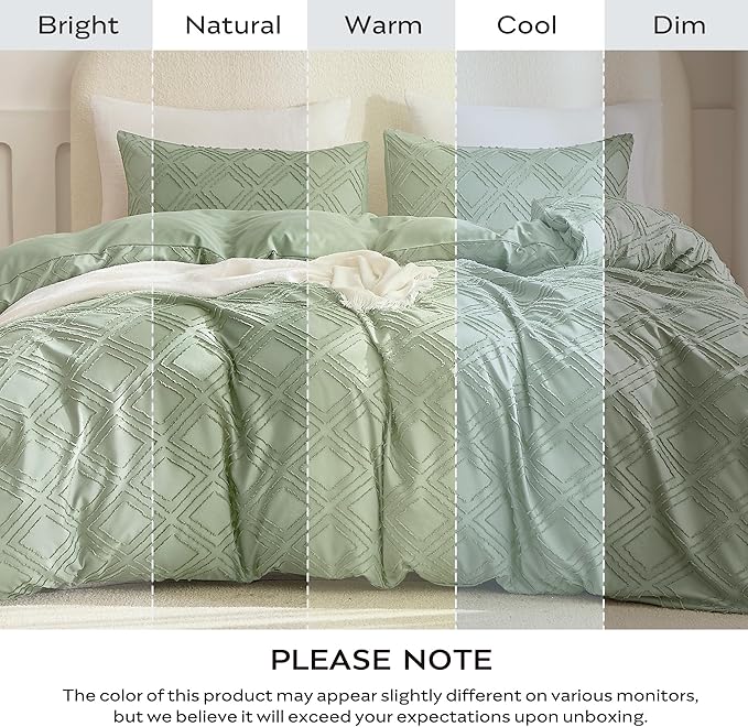 JELLYMONI Duvet Cover Full Size Light Green - 3PCS Boho Duvet Cover Set Plaid Polyester Tufted Bohemian Jacquard Knit Textured Comforter Cover 80×90in Rhombic Geometric Pattern Corner Ties & Zipper