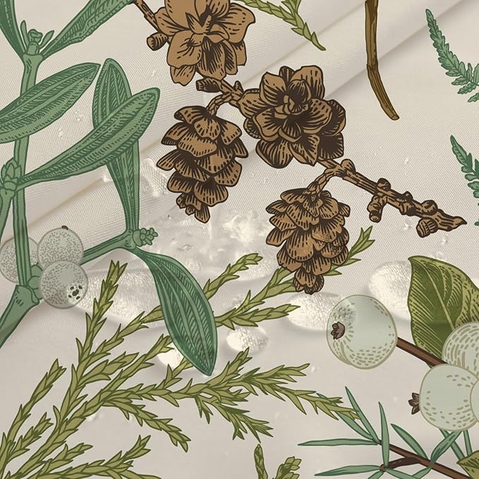 Beige Green Botanical Shower Curtain Boho Nature Ferns Wildflowers Apothecary Bathroom Curtains Herbs Plants Vintage Cottagecore Bathroom 72Wx72H Waterproof Polyester