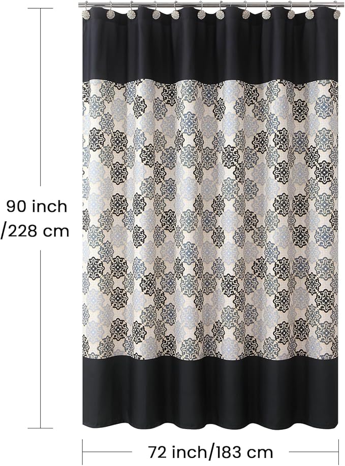 90 Inch Fabric Shower Curtain, Extra Long Black Beige Grey Boho Medallion Print Shower Curtains for Bathroom, 72" W x 90" H