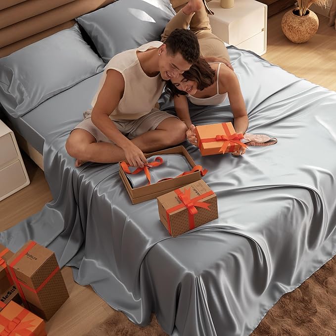 Bedsure Satin Sheets Queen Size - 4 Piece Silky Bedsheets with 15 Inches Deep Pocket Fitted Bedsheet,1 Flat Sheet, 2 Satin Pillowcases, Good for Hair & Skin (Queen, Silver Grey)