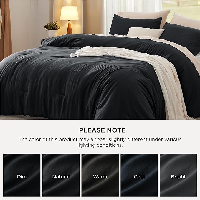 Bedsure Oversized Queen Comforter Set, Black Soft Prewashed Bed Comforter for All Seasons, 3 Pieces Warm Bedding Sets, 1 Lightweight Comforter (98"x98") and 2 Pillowcases (20"x26")