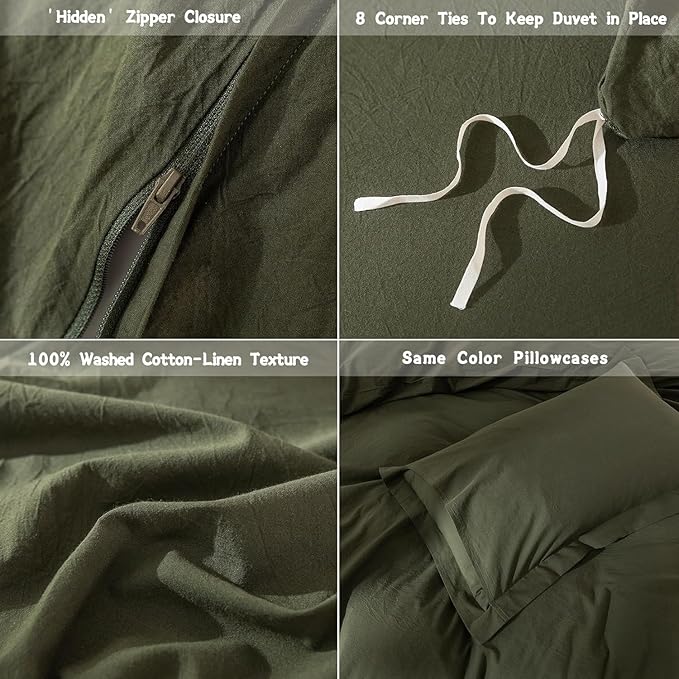 Olive Green Duvet Cover Oversize Queen Size, 100% Washed Cotton Bedding Set Cover 1 Duvet Cover 98inch x 98inch with Zipper Closure and 2 Pillowcases, Olive Green