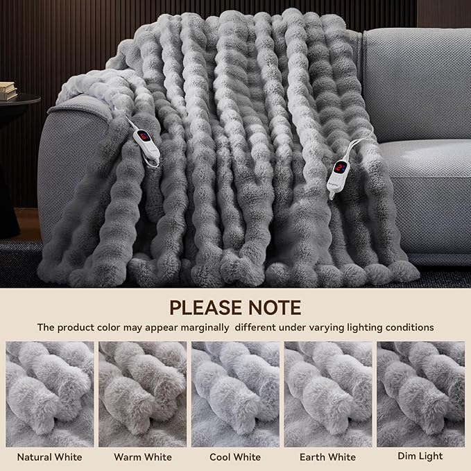 Heated Blanket King Size with 1/2/4/6/8 Hours Auto-Off 10 Heat Level, 90'' * 100'' Cozy Faux Rabbit Fur Bubble Electric Blanket with Overheat Protection(Light Grey)