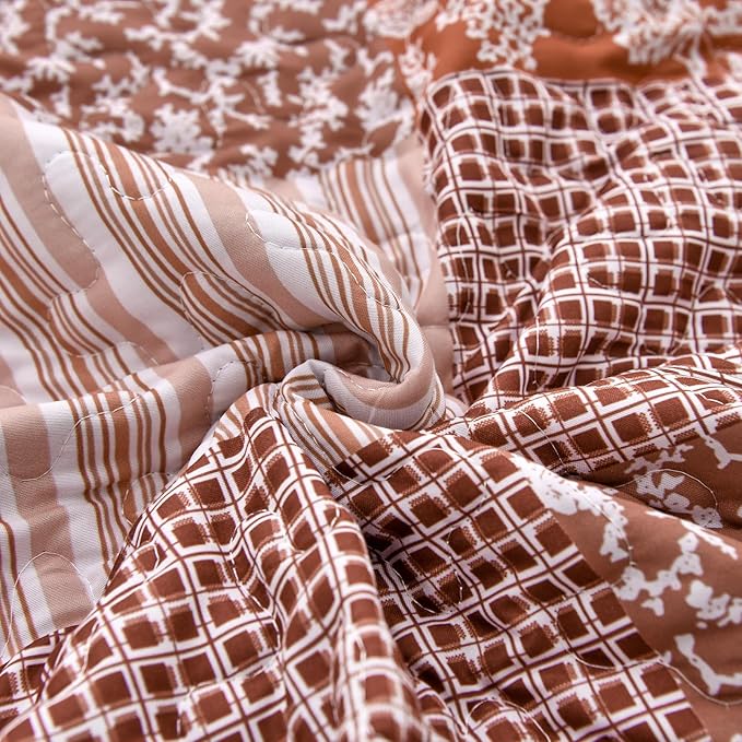 Mybedsoul Burnt Orange Quilt Set King Size, 3 Pieces Boho Plaid Terracotta Floral Bedspread Set Microfiber Lightweight Bohemian Bedding Bedspread Coverlet Set for All Season 90"x104"