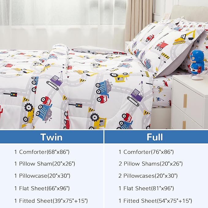 Viviland Kids Full Bedding Sets for Boys, Girls Soft Full Comforter Set with Sheets, 7 Pieces Microfiber Bed in a Bag, White Car Excavator