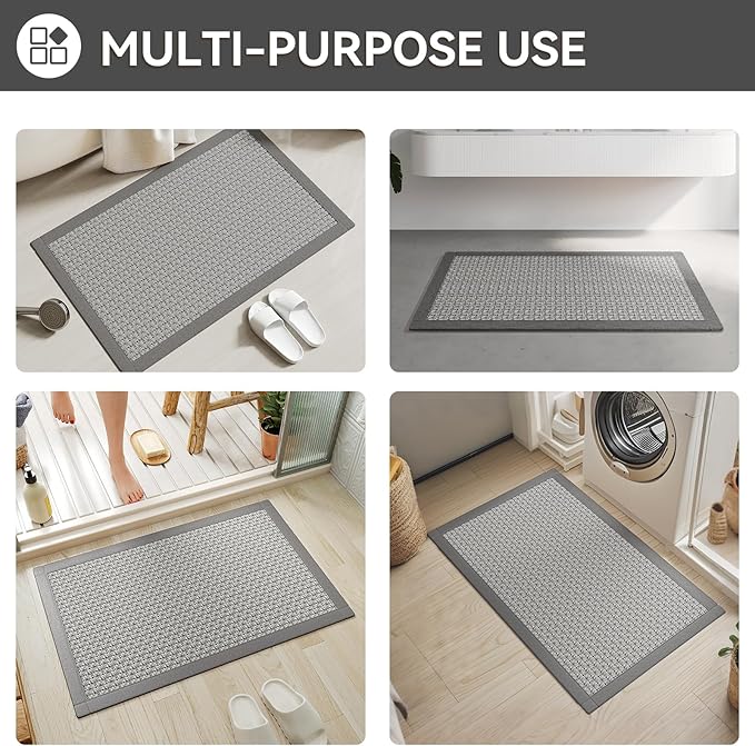 Bath Mat Bathroom Rugs Non Slip Washable, Soft Jute-Like Ultra Thin Bath Mats, Rubber Backing Super Absorbent Quick Dry Thin Bath Rug Shower Mat Fit Under Door Bathroom Tub Floor, Gray 20" x 32"