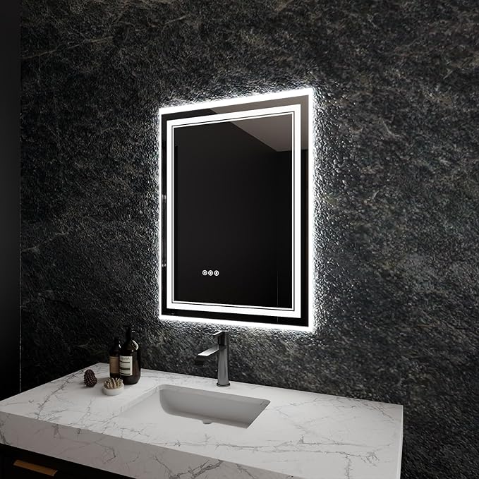 Bathroom Mirror with Lights 24"X32" with Front Light and Backlit, Tempered Glass, Wall Mount Horizontal/Vertical, Stepless Dimmable, 3 Colors, Anti Fog, Bathroom Memory LED Mirror