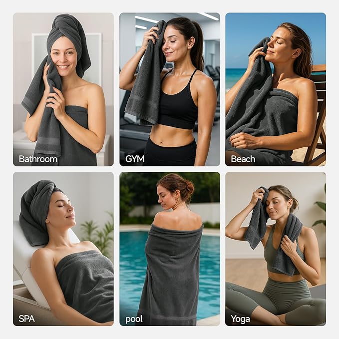 REDKISS Luxury 100% Cotton 8 Piece Bath Towel Sets, 2 Bath Sheets (35x70 in), 2 Hand, 4 Washcloths, Super Absorbent & Quick-Dry Shower Towel for Bathroom Spa Gym Hotel Yoga - Grey