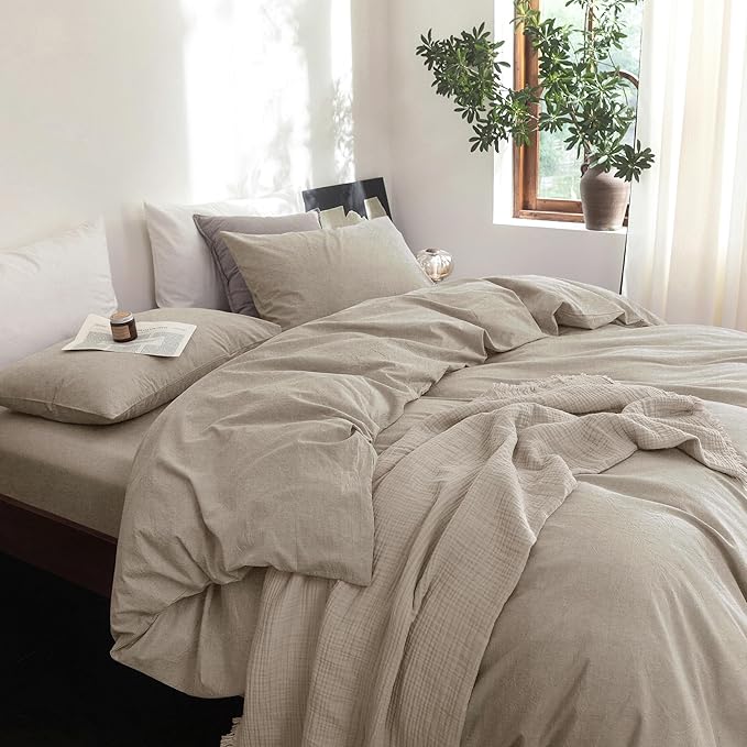 FOSSA Duvet Cover Set 100% Washed Cotton Linen Feel Super Soft Breathable Cozy 3 Pieces Bedding Sets Solid Tannish Linen Grey Full/Double