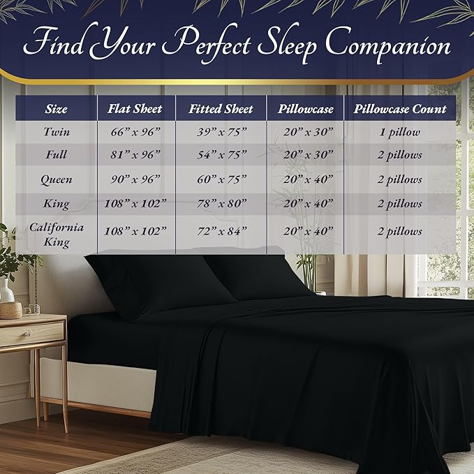 DECOLURE 100% Viscose Derived from Bamboo Sheets Twin Size 3pcs - Ultra Soft & Luxuriously Cooling, 17" Deep Pocket, Double Stitching, Perfect for Hot Sleepers - Twin Bed Sheets (Black)
