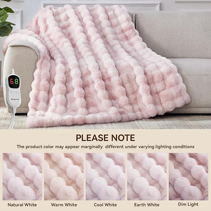 Heated Blanket Throw with 1/2/4/6/8 Hours Auto-Off 10 Heat Level, 62'' * 84'' Cozy Faux Rabbit Fur Bubble Electric Blanket with Overheat Protection(Tie-Dye Pink)