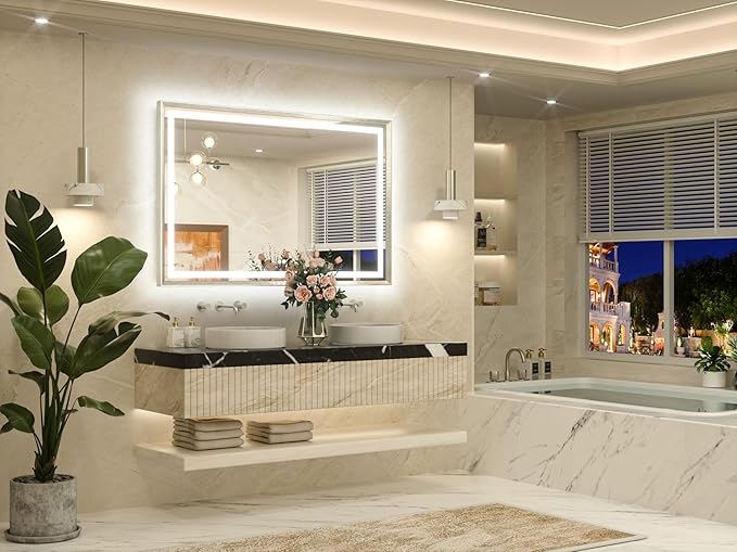 TETOTE 55 x 36 Bathroom LED Mirror Brushed Bright Nickel Metal Frame Frontlit & Backlit Vanity Mirror Stepless Dimmable Anti-Fog 3 Colors White/Warm/Natural Light up Vanity Mirror Wall-Mounted