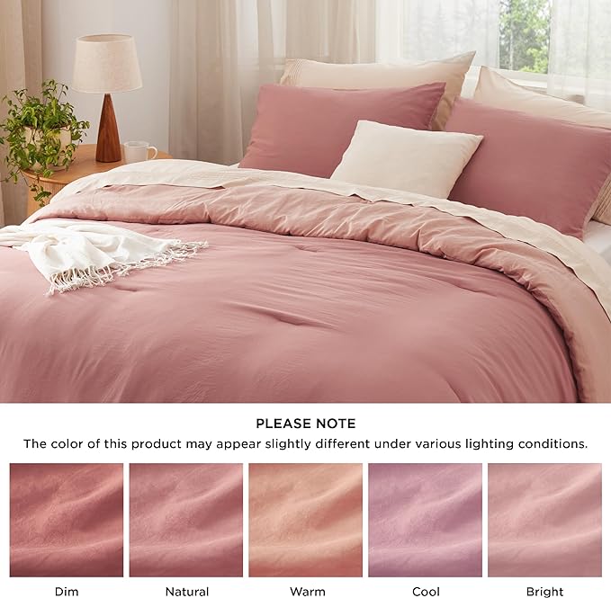Bedsure Queen Size Comforter Set, Reversible Pink Clay Soft Prewashed Bedding for All Seasons, 3 Pieces Warm Down Alternative Bed Set, 1 Lightweight Comforter (90"x90") and 2 Pillowcases (20"x26")