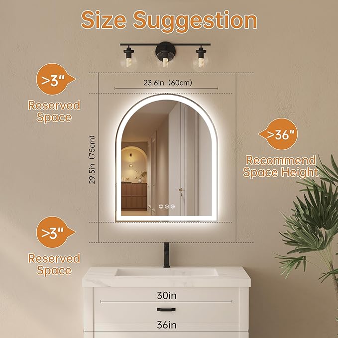 Arched LED Mirror for Bathroom 24"x30"- Frameless Lighted Bathroom Mirror with Lights, Fogless, Dimmable, 3 Color Changing, Shatterproof, Touch Sensor