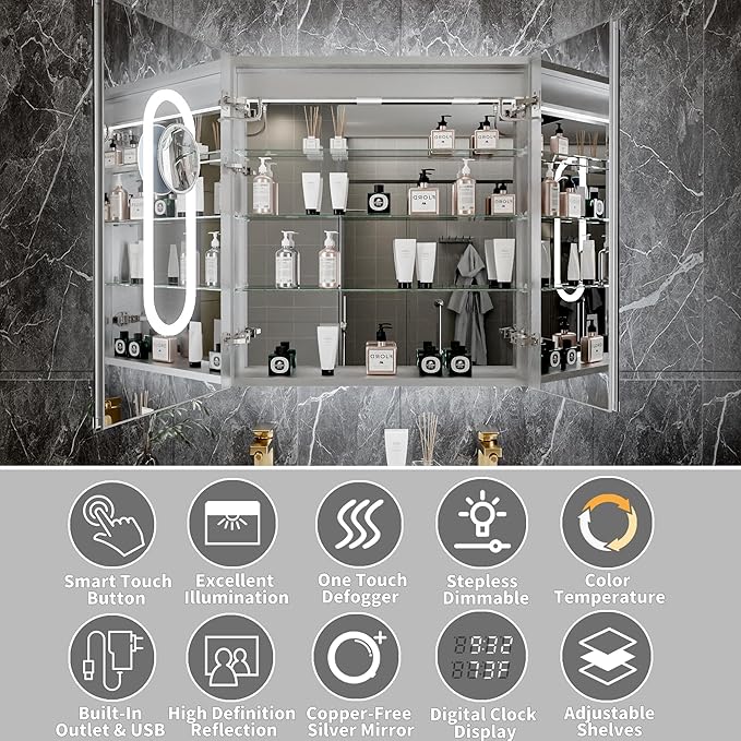 Lighted Medicine Cabinet with Mirror 30"x32" Recessed LED Medicine Cabinet Mirror, Front&Backlit, 3-Color Temperatures, Stepless Dimming, Anti-Fog, Magnifier, 2 Outlets, Storage Shelves, ETL Certified