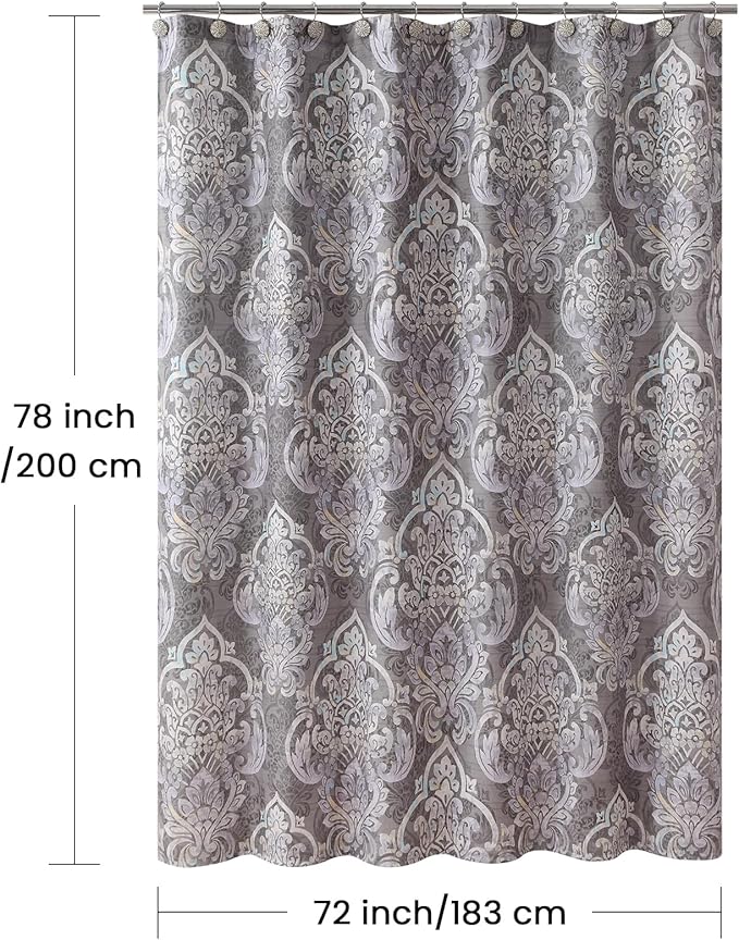Long Gray Shower Curtain with Purple Baroque Medallions, Waterproof Hotel Quality Bath Curtain, 72" W x 78" H