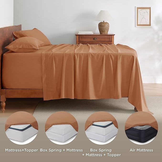 Bedsure Deep Pocket King Sheet Set - Fits Mattresses Up to 21 Inches Thick - 4 Piece GentleSoft Bed Sheets, Moisture Wicking, Soft & Cooling Bedsheet & Pillowcases, Easy & Secure Fit, Burnt Orange