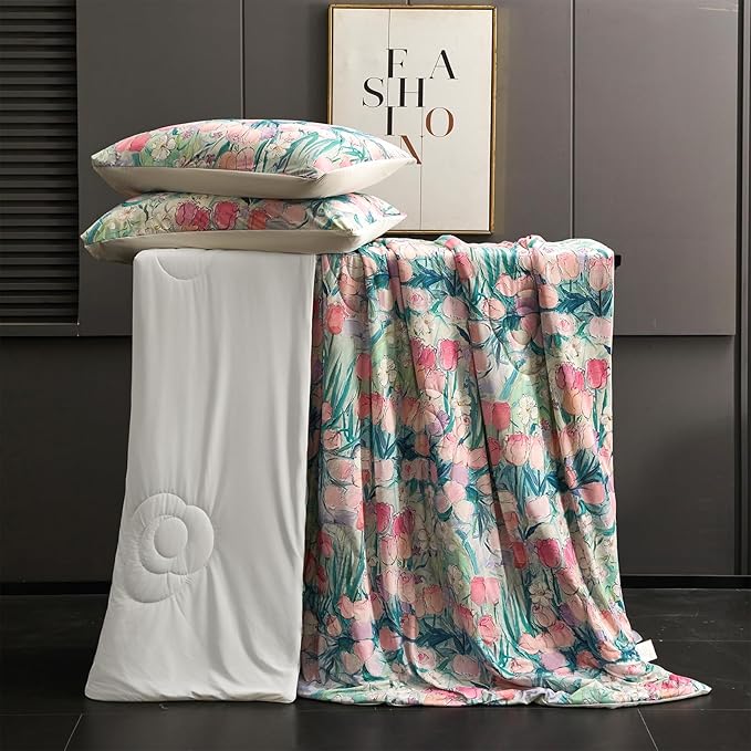 Cyusri Floral Print Cooling Comforter Set 3Pcs Breathable Cool King Size Bedding Set with 2 Pillowcases Pink Tulip Pattern Silky Cold Quilt, 108"x90"