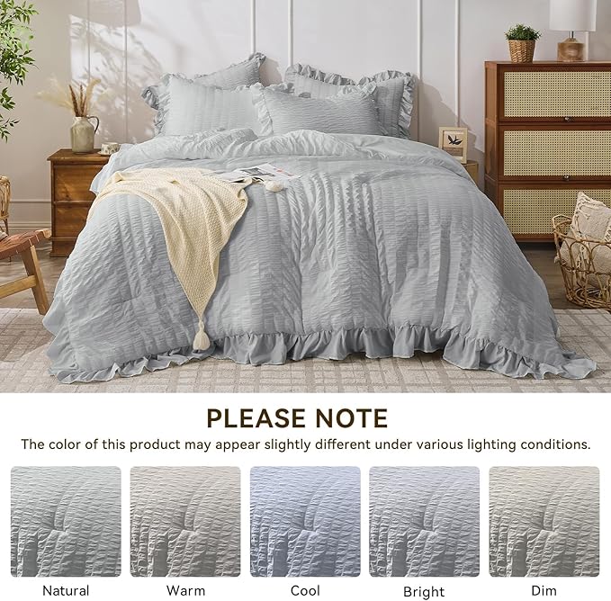 JOLLYVOGUE Light Grey Comforter Full Size, 3 Pieces Seersucker Lightweight Full Size Bedding, All Season Fluffy Microfiber Bedding Comforter Set with 1 Ruffle Comforter and 2 Ruffle Pillowshams