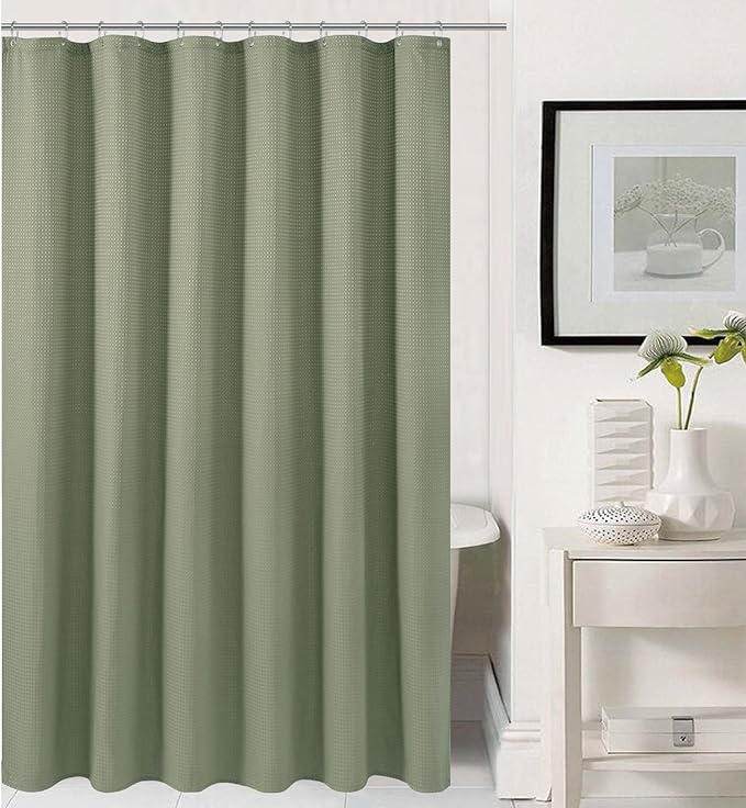 Short Waffle Weave Fabric Shower Curtain 66 inch Long , Hotel Luxury Spa, 230 GSM Heavy Duty, Water Repellent, Machine Washable, Sage Green Pique Pattern Decorative Bathroom Curtain, 71x66