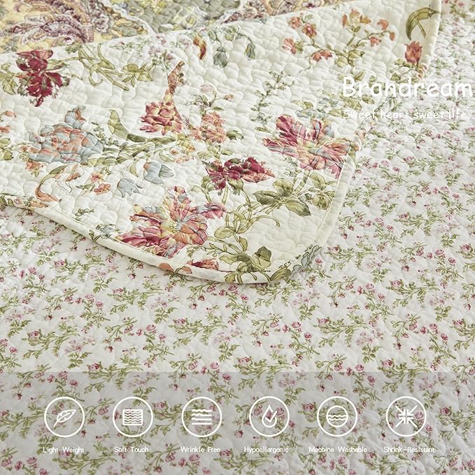 Brandream Queen Size Quilt Set Cotton Luxury Patchwork Quilts Vintage Farmhouse Quilted Comforter Set 3-Piece