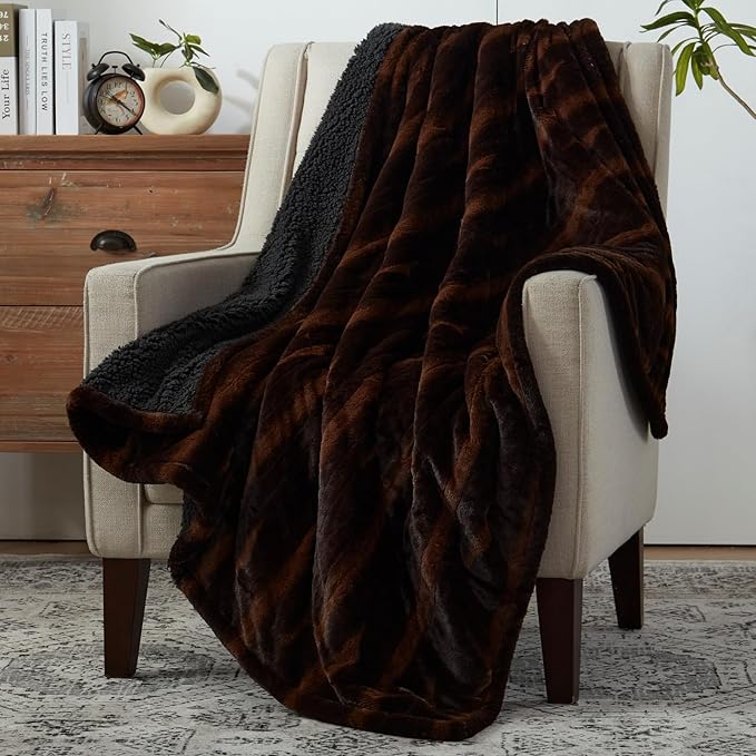 Heated Throw Blanket Faux Fur & Sherpa, Safe Electric Blanket ETL & FCC Certified, Soft Warm 6 Heating Levels & 4 Hours Auto-Off, Machine Washable, 50"x60" Dark Brown