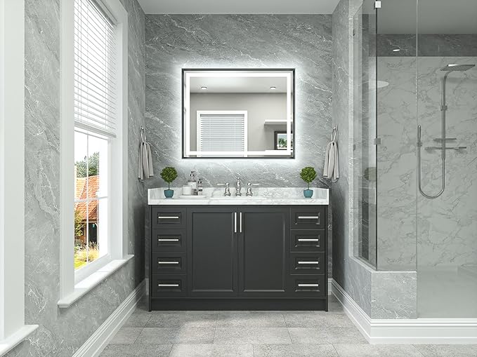 TETOTE 40 x 32 Bathroom LED Mirror Brushed Gunmetal Gray Frame Frontlit & Backlit Vanity Mirror Anti-Fog Stepless Dimmable 3 Colors White/Warm/Natural Wall-Mounted