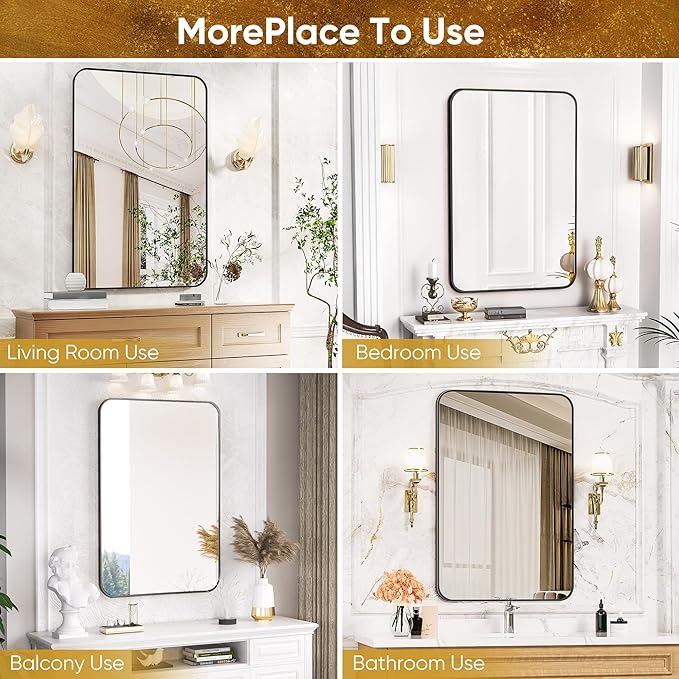 Antok Bathroom Mirror, 36"x24" Wall Mirror, Decorative Mirrors Vanity Mirror Aluminum Alloy Frame Contemporary Rectangular Hanging Mirror for Living Room Bathroom Entryway,Black,Round Corner