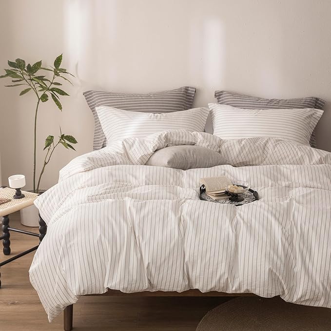 Stripe Duvet Cover King Size 104inch x 90inch,100% Washed Cotton Linen Feel Duvet Cover, Pinstripe Duvet Cover with Zipper Closure and 2 Pillowcases, Color of White and Linen Grey Stripe