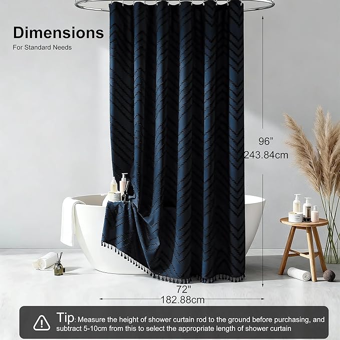 Extra Long Boho Navy Blue Shower Curtain, Woven Fabric Shower Curtain, 72 x 96, Tufted Striped Modern Chic Textured Cloth Shower Curtains Minimalist Bathroom Decor