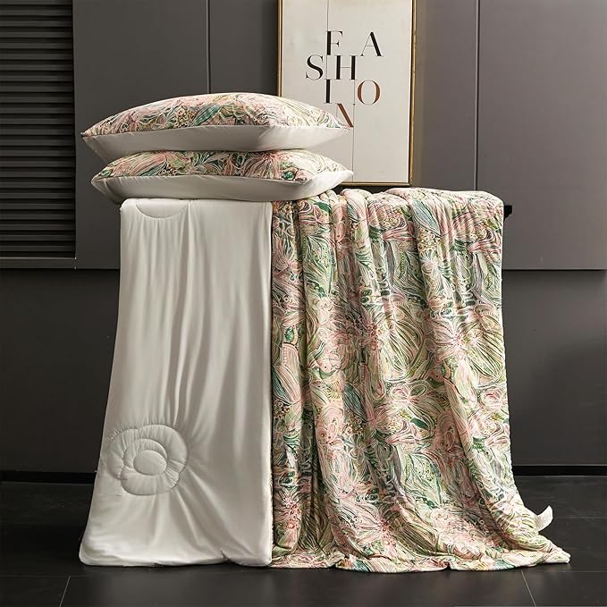 Cyusri Floral Print Cooling Comforter Set 3Pcs Breathable Cool King Size Bedding Set with 2 Pillowcases Green Pink Flowers Pattern Silky Cold Quilt, 108"x90"