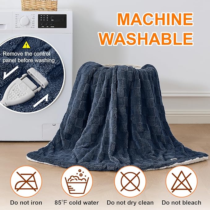 Electric Heated Throw Blanket - Jacquard Checkered Sherpa 50"x60" Fast Heating Bed Blankets with 6 Heating Levels & 4 Hours Auto Off, Over-Heat Protection ETL, Navy Blue