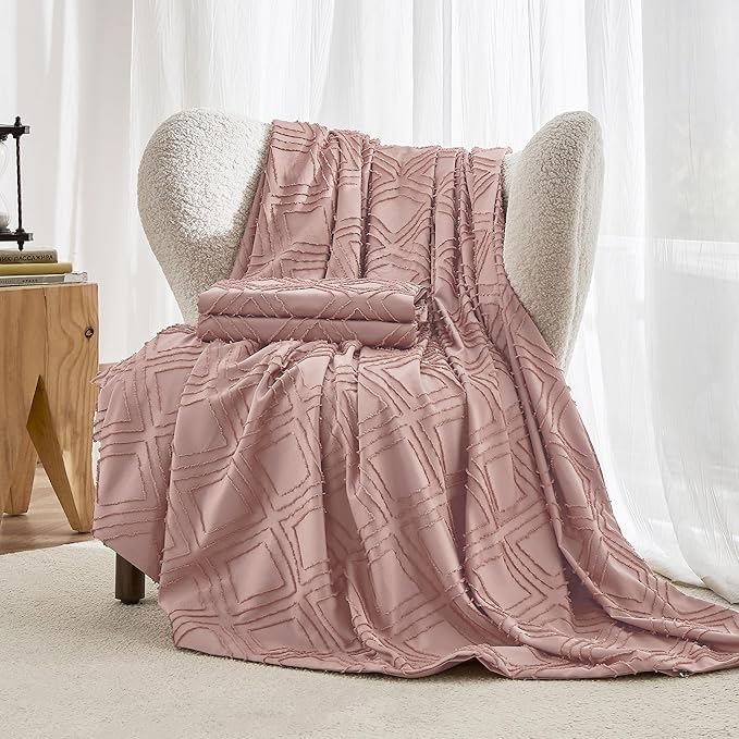 JELLYMONI Duvet Cover King Size Smokey Pink - 3PCS Boho Duvet Cover Set Plaid Polyester Tufted Bohemian Jacquard Knit Textured Comforter Cover 104×90in Rhombic Geometric Pattern Zipper Corner Tie