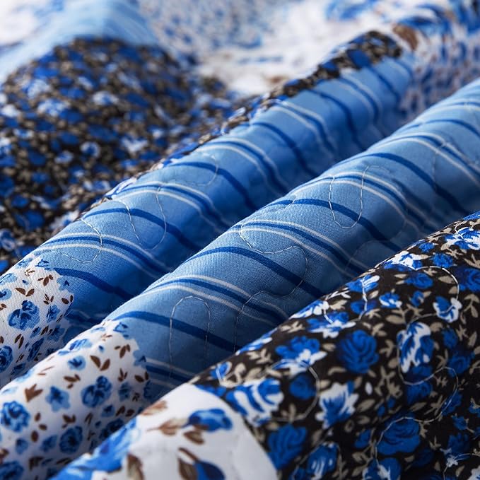 HoneiLife Quilt Set Queen Size - 3 Piece Microfiber Quilts Reversible Bedspreads Patchwork Coverlets Floral Bedding Set All Season Quilts with Blue and White Porcelain Pattern,Queen Size
