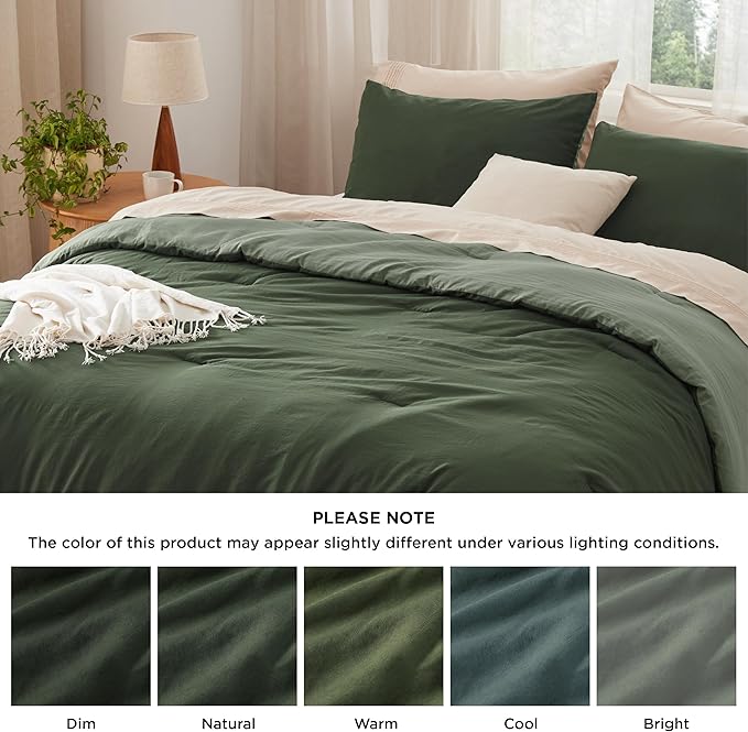 Bedsure Queen Size Comforter Set, Reversible Dark Green Soft Prewashed Bedding for All Seasons, 3 Pieces Warm Down Alternative Bed Set, 1 Lightweight Comforter (90"x90") and 2 Pillowcases (20"x26")