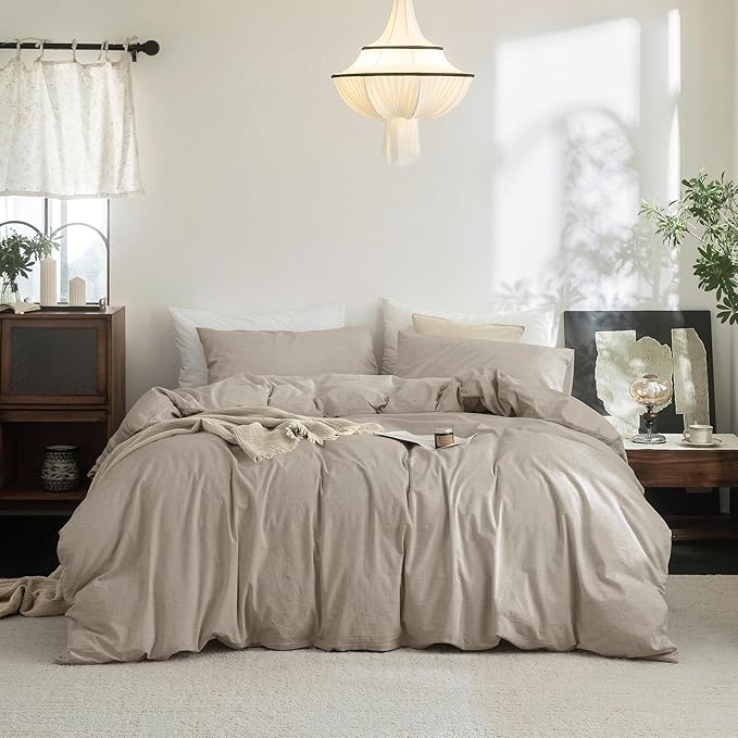 FOSSA Duvet Cover Set 100% Washed Cotton Linen Feel Super Soft Breathable Cozy 3 Pieces Bedding Sets Solid Tannish Linen Grey Oversized King Plus