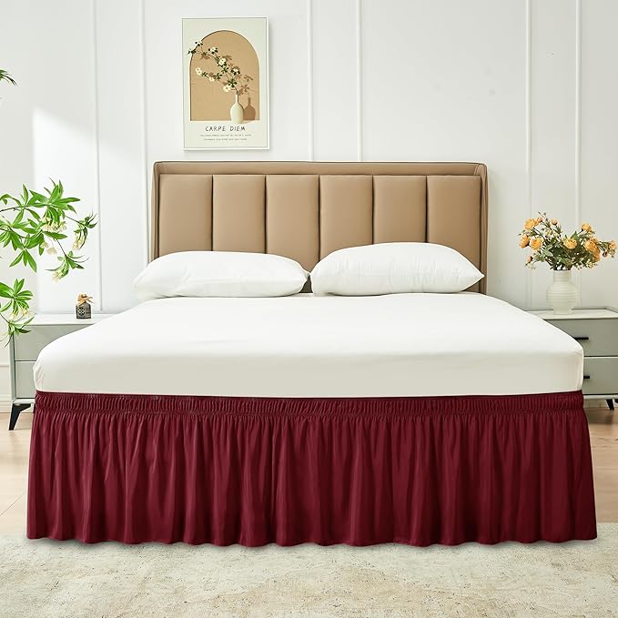 Biscaynebay Wrap Around Bed Skirts for King & Cal King Beds 18" Drop, Burgundy Adjustable Elastic Dust Ruffles Easy Fit Wrinkle Resistant Silky Luxurious Fabric Machine Washable