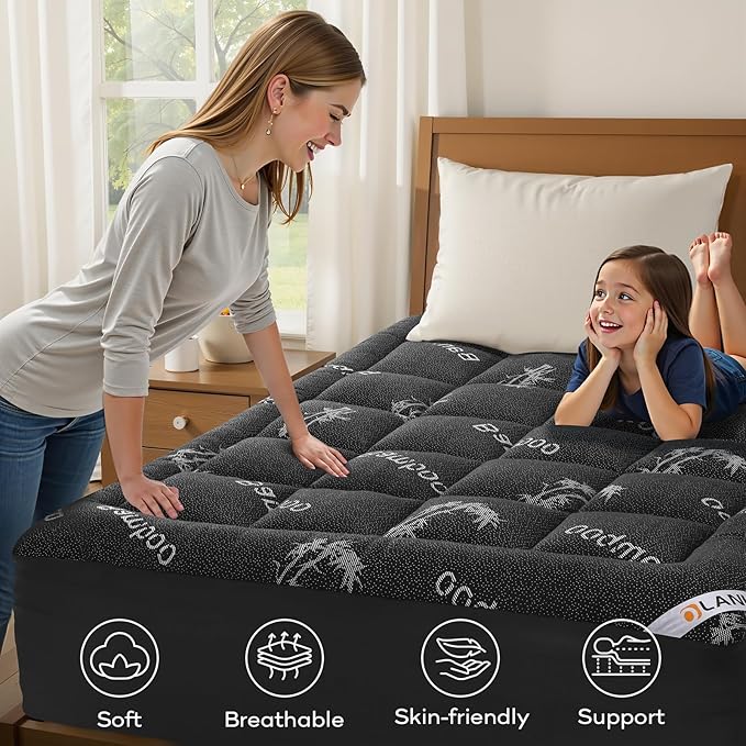 OLANLY California King Mattress Topper, Viscose Made from Bamboo, Cooling Soft Pillow Top Mattress Pad for Back Pain Relief, Plush Down Alternative Fill Bed Topper with Elastic Deep Pocket, Dark Gray