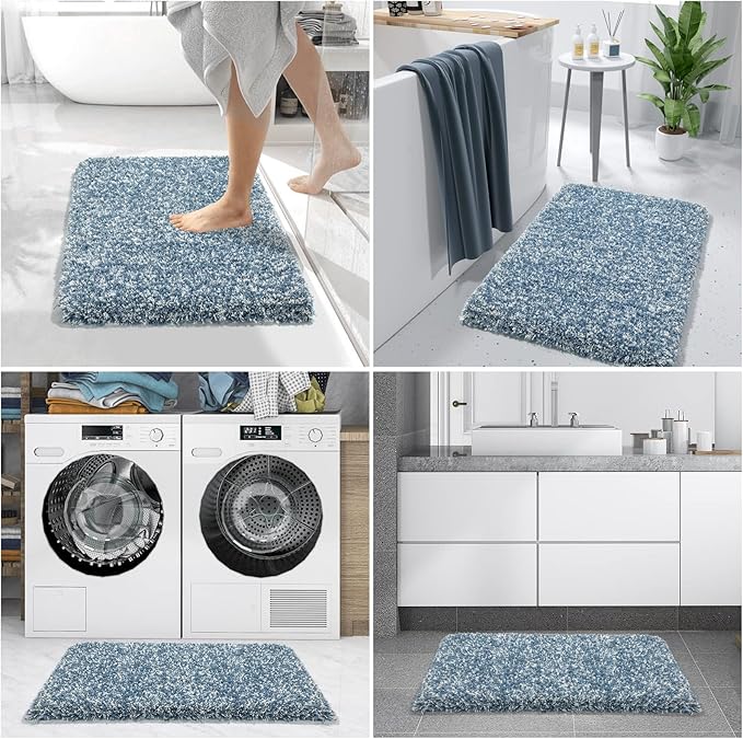 Yimobra Bath Rugs for Bathroom 32x20, Ultra Soft and Water Absorbent Bath Mats, Non Slip Plush Shower Rugs, Microfiber Thick Matts for Bathroom Floor/Tub, Machine Washable, Denim Blue and White