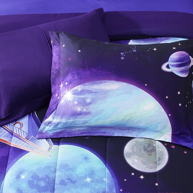Full Size Comforter Set for Boys - 4 Pieces Navy Blue Space Rocket Full Bedding Sets for Kids, 1 Comforter, 2 Shams and 1 Decor Pillow