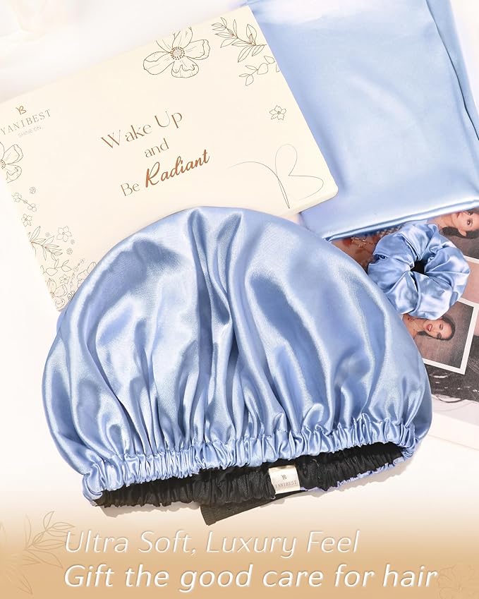YANIBEST Adjustable Silk Bonnet Double Layer Satin Bonnet Hair Bonnet for Sleeping Bonnets for Women Hats Curly Natural Hair, Sky Blue