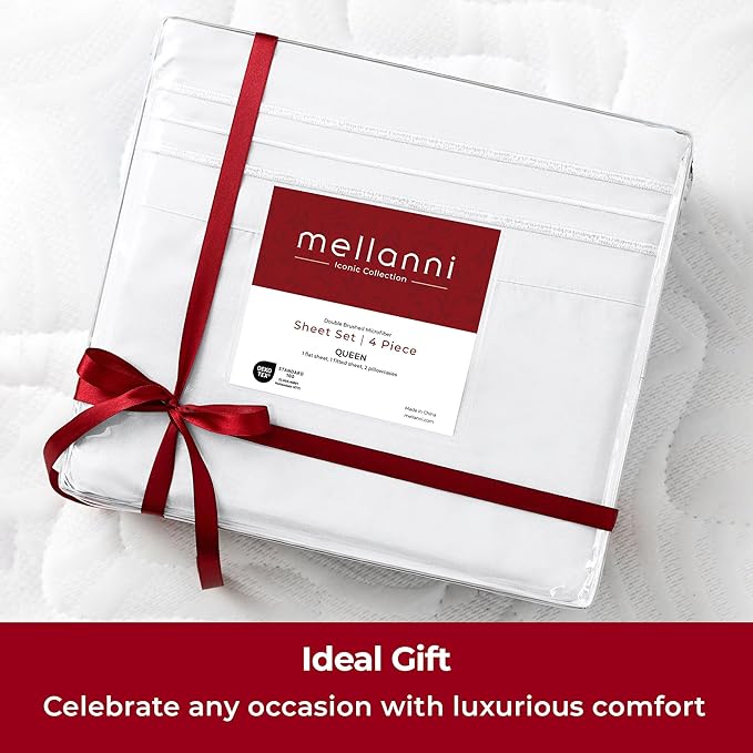 Mellanni Split King Sheets Set - 5 PC Iconic Collection Bedding - Hotel Luxury, Extra Soft, Cooling Bed Sheets - Wrinkle, Fade, Stain Resistant (Split King, White)
