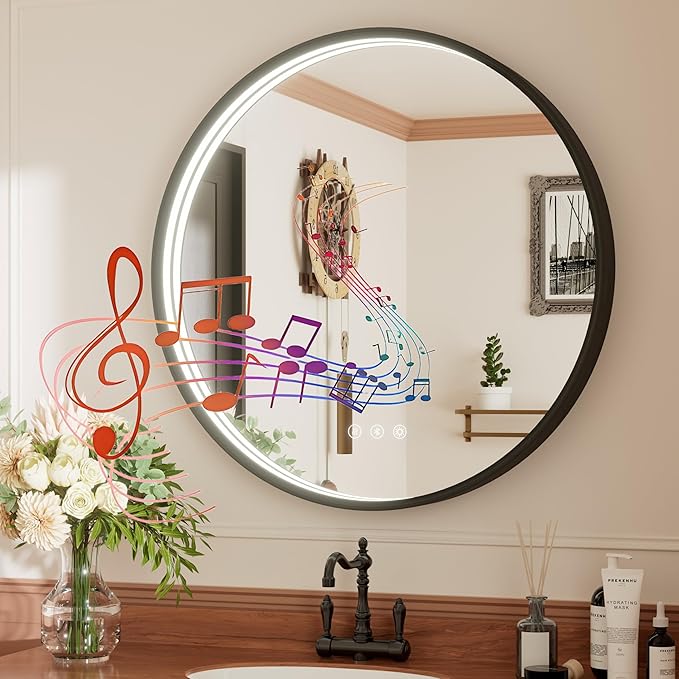 26 Inch Bluetooth Bathroom Mirror, Black Framed Round Vanity Mirror with Lights, Dimmable, 3000K/4500K/6000K, Anti-Fog, Built-in Dual Speaker, CRI 90+