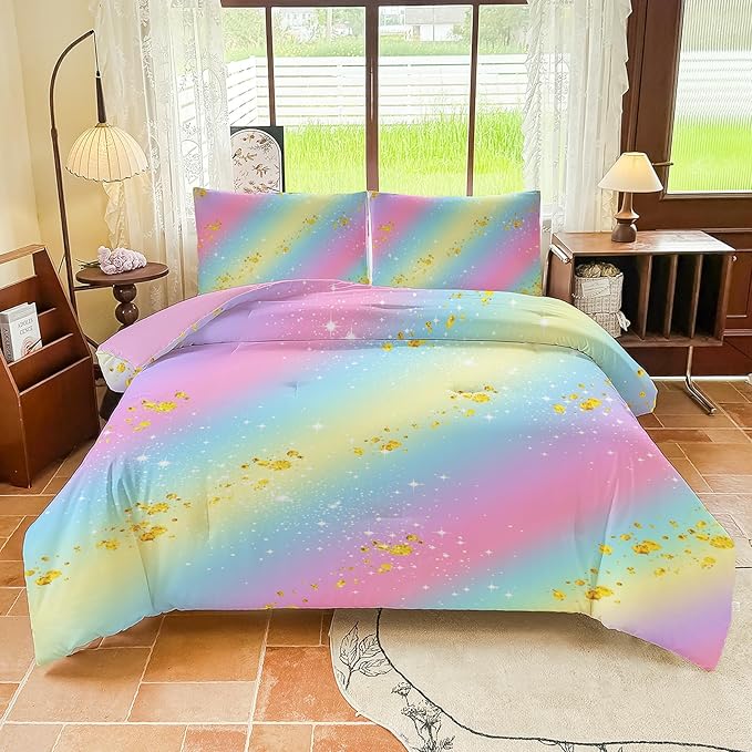 Girls Full Size Bedding Sets Rainbow Bedding โ 5 Piece Comforter Set Full, Gradient and Colorful Galaxy Comforter for All-Season โ Machine Washable, Durable โ Gift Idea for Boys and Girls Room