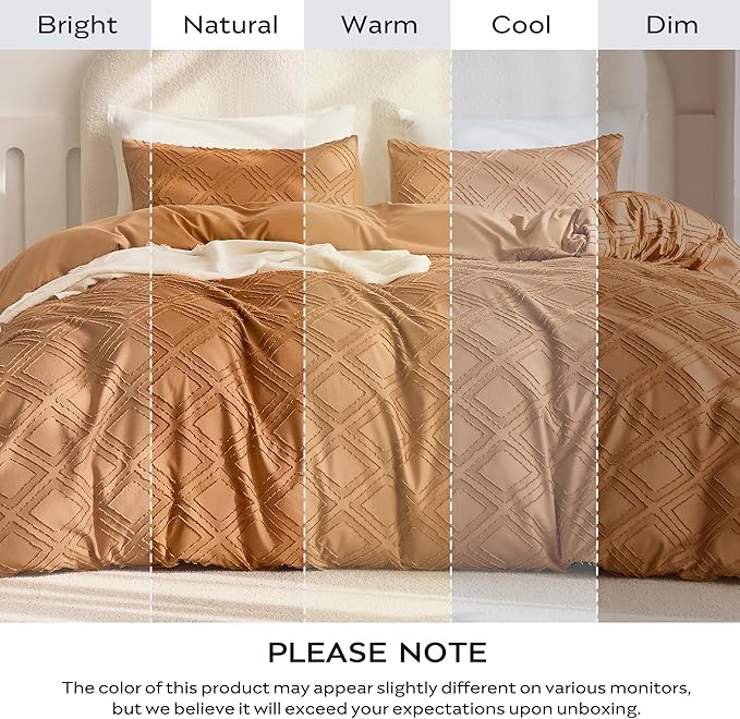 JELLYMONI Duvet Cover Full Size Rust - 3PCS Boho Duvet Cover Set Plaid Polyester Tufted Bohemian Jacquard Knit Textured Comforter Cover 80×90in Rhombic Geometric Pattern Corner Ties & Zipper