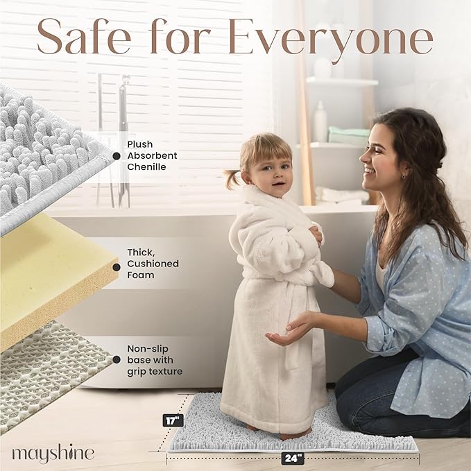 MAYSHINE Plush Shaggy Chenille Bath Mat | Extra Soft, Super Absorbent, Non-Slip Bathroom Rug | Fluffy Microfiber, Area Rug Sets for Bathroom Floor, Kitchen, Living Room | 24"x17" | White