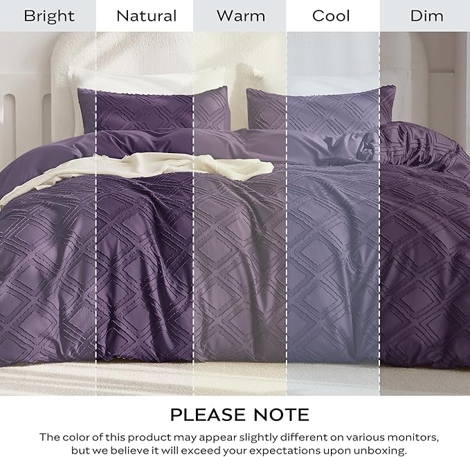 JELLYMONI Duvet Cover Queen Size Purple - 3PCS Boho Duvet Cover Set Plaid Polyester Tufted Bohemian Jacquard Knit Textured Comforter Cover 90×90in Rhombic Geometric Pattern Zipper Corner Tie